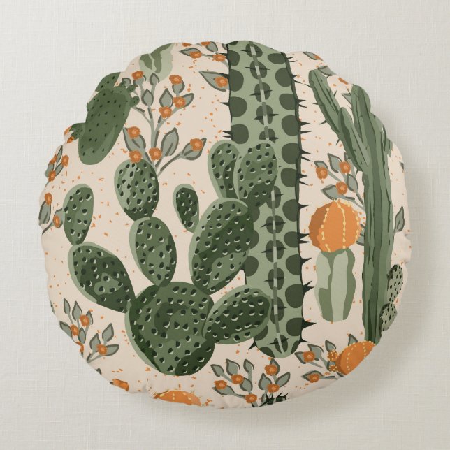 Coussins Ronds Succulents verts, fleurs oranges, papier peint de  (Devant)
