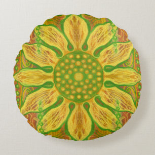 Coussins Ronds Sun Flower bohème floral art jaune vert orange