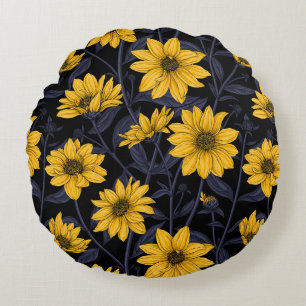 Coussins Ronds Sunroot, tournesol sauvage en jaune et bleu