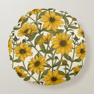 Coussins Ronds Sunroot, tournesol sauvage sur blanc
