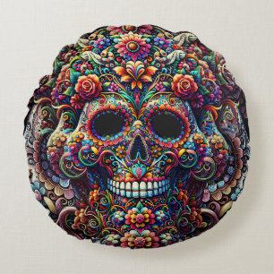 Coussins Ronds Super Sugar Skull floral vibrant