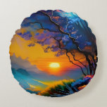 Coussins Ronds Superbe lever de soleil sur l'étang<br><div class="desc">arbre à fleurs coloré bleu et violet Beau lever de soleil à l'horizon sur l'étang herbes colorées AI ART créé par minx267</div>