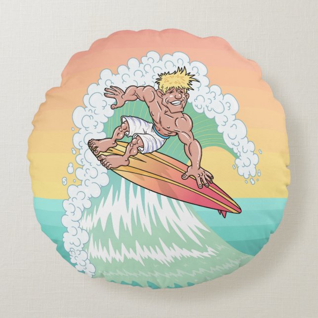 Coussins Ronds Surfeur de coucher de soleil cool (Devant)