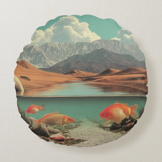Coussins Ronds Surreal Desert and Lake with Goldfish (Devant)