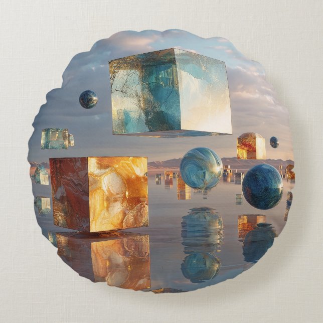 Coussins Ronds Surreal Floating Cubes And Spheres (Devant)
