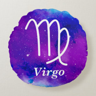 Coussins Ronds Symbole de la Virgo bleu pourpre Espace Nebula