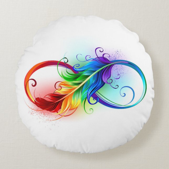 Coussins Ronds Symbole d'infini avec plume arc-en-ciel (Devant)
