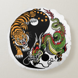 Coussins Ronds symbole du dragon et du tigre yin yang