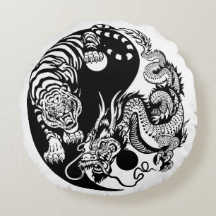 Coussins Ronds symbole du dragon et du tigre yin yang