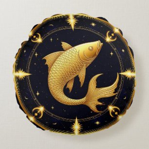 Coussins Ronds Symbole du zodiaque Poissons dorés entouré d'étoil
