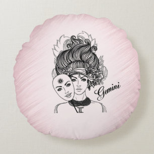 Coussins Ronds Symbole et signe du zodiaque Gémeaux rose fond ros
