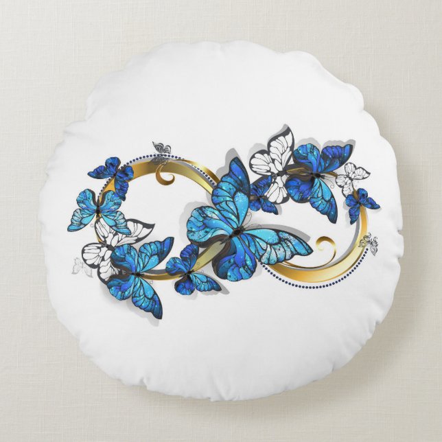 Coussins Ronds Symbole infini de papillons Morpho bleus (Devant)