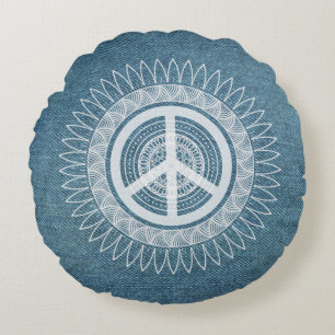 Coussins Ronds SYMBOLE SIGNE PAIX Mandala Hippie Daisy Denim Jean