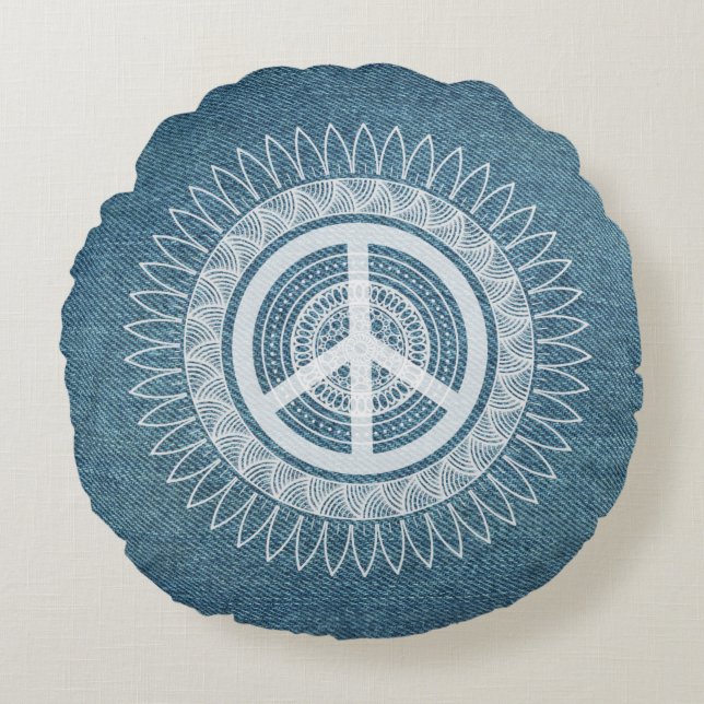 Coussins Ronds SYMBOLE SIGNE PAIX Mandala Hippie Daisy Denim Jean (Devant)