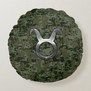 Coussins Ronds Symbole Taurus Zodiac sur Camo numérique vert