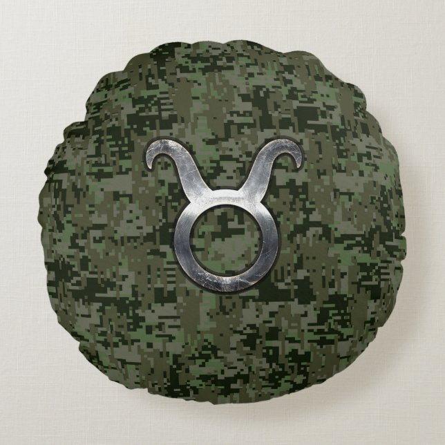 Coussins Ronds Symbole Taurus Zodiac sur Camo numérique vert (Devant)