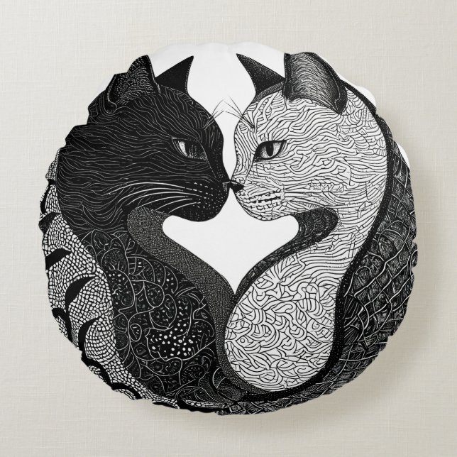 Coussins Ronds Symbole Yin Yang de chat noir et blanc (Devant)