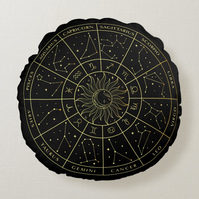 Coussins Ronds Symbole Zodiac horoscope constellations carte or (Devant)