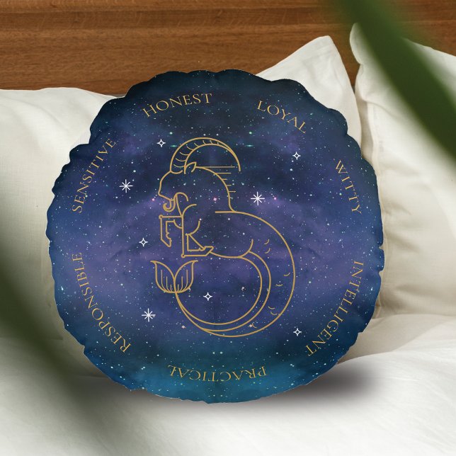 Coussins Ronds SYMBOLE Zodiaque Capricorne Astrologie Personnalit (Capricorn Zodiac Sign Astrology Personality Traits Round Pillow)