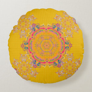 Coussins Ronds Symmétrie décorative arabesque. Beige, rose et jau
