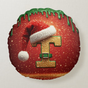 Coussins Ronds T monogramme de Noël personnalisé avec chapeau de