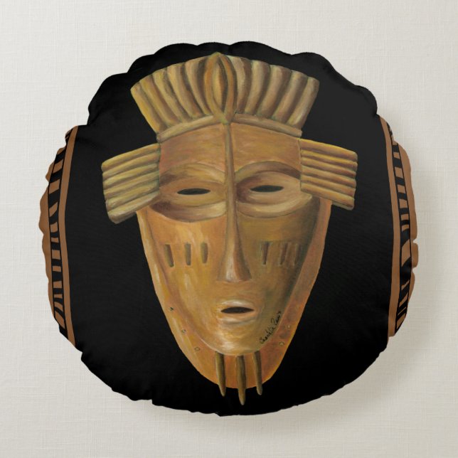 Coussins Ronds Tableau de Masque Africain par Chariklia Zarris (Devant)