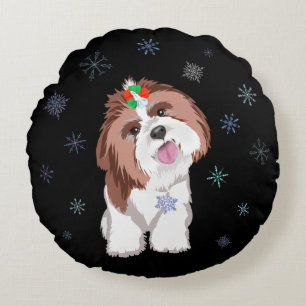 Coussins Ronds Tag de Chien Merry & Adorable Shih Tzu Avec Flocon