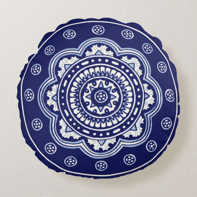 Coussins Ronds Talavera bleu et blanc Cinq (Devant)