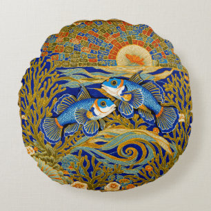 Coussins Ronds Tapisserie de style rétro Poisson Mandarin bleu