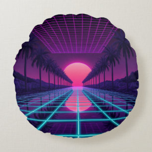 Coussins Ronds Tapisserie Rétro Néon Synthwave Grille & Palmiers