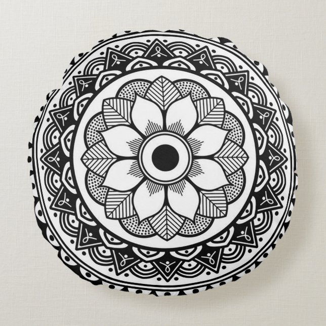 Coussins Ronds Tapisserie ronde en médaillon noir et blanc (Devant)