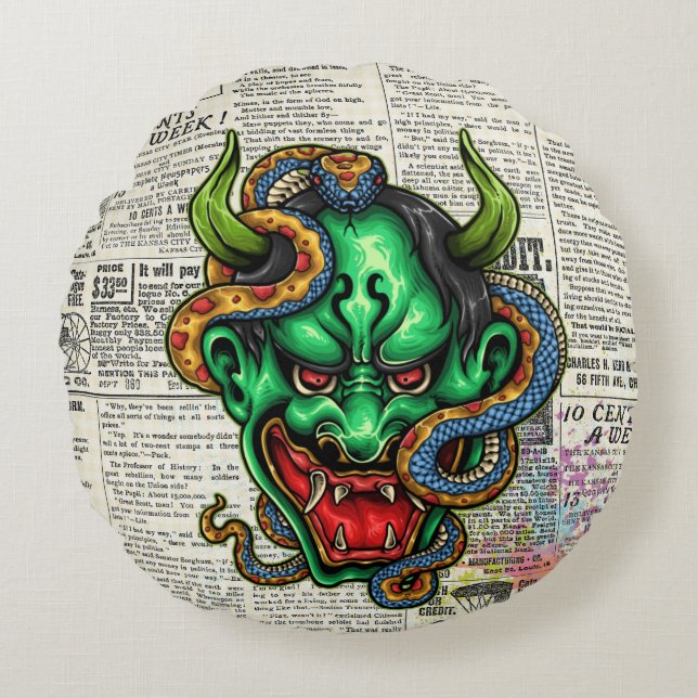 Coussins Ronds Tatouage Dragon Vert (Devant)