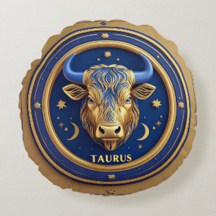 Coussins Ronds Taureau doré dans un cercle du zodiaque cosmique
