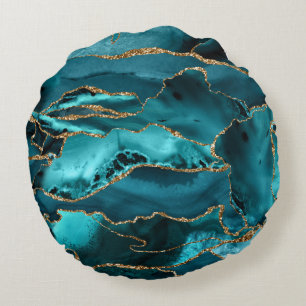 Coussins Ronds Teal Blue et Gold Glitter Agate