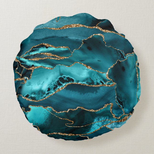 Coussins Ronds Teal Blue et Gold Glitter Agate (Dos)