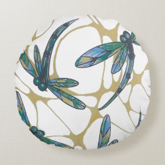 Coussins Ronds Teal & Emerald Dragonflies on Retro Yellow Groove