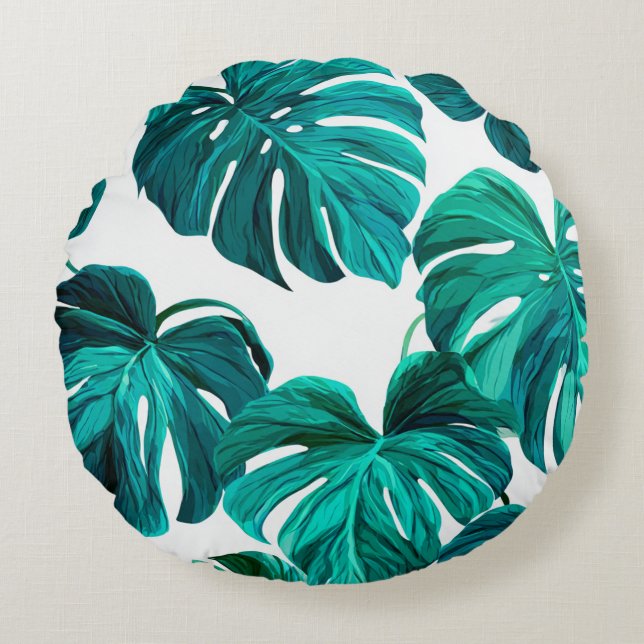 Coussins Ronds Teal Tropical Monstera Leaf Seamless Pattern Art (Devant)