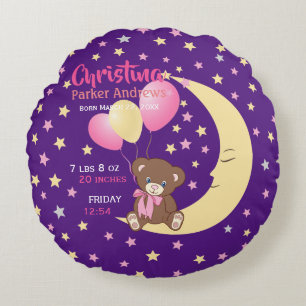 Coussins Ronds Teddy Bear assis sur la Lune Baby Birth Statistiqu