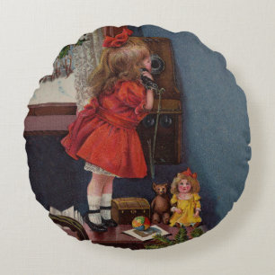 Coussins Ronds Téléphone Antique de Petite Fille de Noël