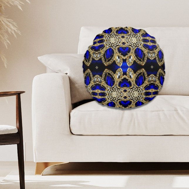 Coussins Ronds tendance or turquoise élégant argent bleu profond (trendy stylish turquoise gold silver deep blue round pillow)