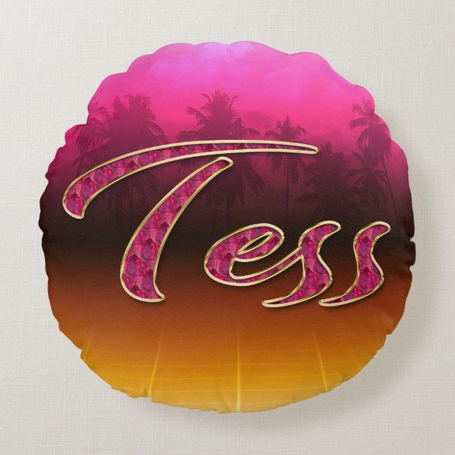 Coussins Ronds Tess prénom nom oreiller rose doré (Devant)