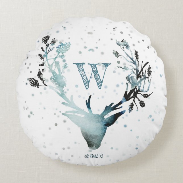Coussins Ronds Tête de cerf d'hiver Monogramme Bleu Argent Noël  (Devant)