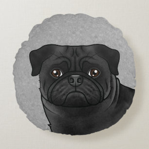Coussins Ronds Tête de chien Carlin noir mignonne gros plan dessi