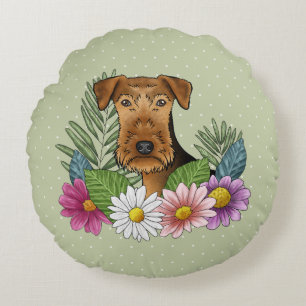 Coussins Ronds Tête de Terrier Airedale avec des fleurs colorées