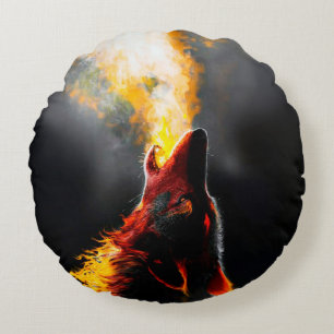 Coussins Ronds Tête du loup de feu agressif