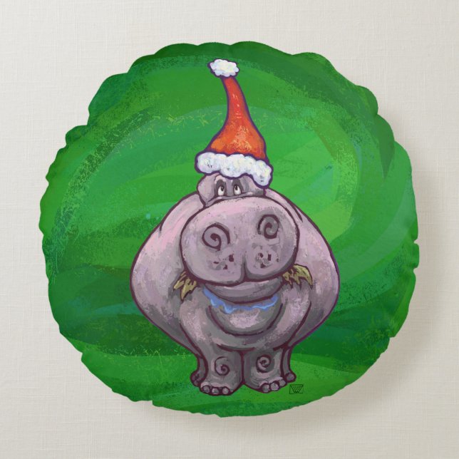 Coussins Ronds Têtes de fête et les sentiers Hippo sur vert (Devant)