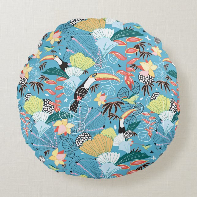 Coussins Ronds Texture tropicale avec des toucans et des colibris (Devant)