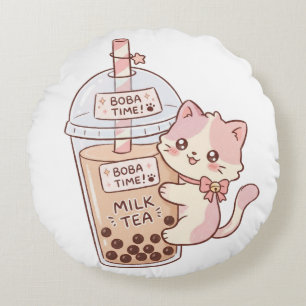 Coussins Ronds Thé au lait bulleux embrassant un chat Kawaii Th