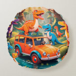 Coussins Ronds The Velociraptors Family Vacation<br><div class="desc">The yellow and blue jalopy cannot make it through the water puddle so,  they get help from other dinosaurs in the forest.</div>