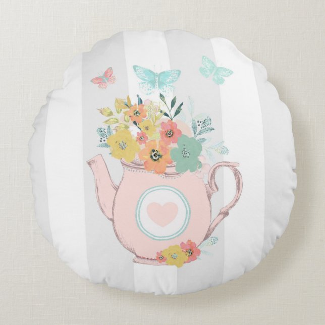Coussins Ronds Théière rose avec fleurs et papillons (Devant)
